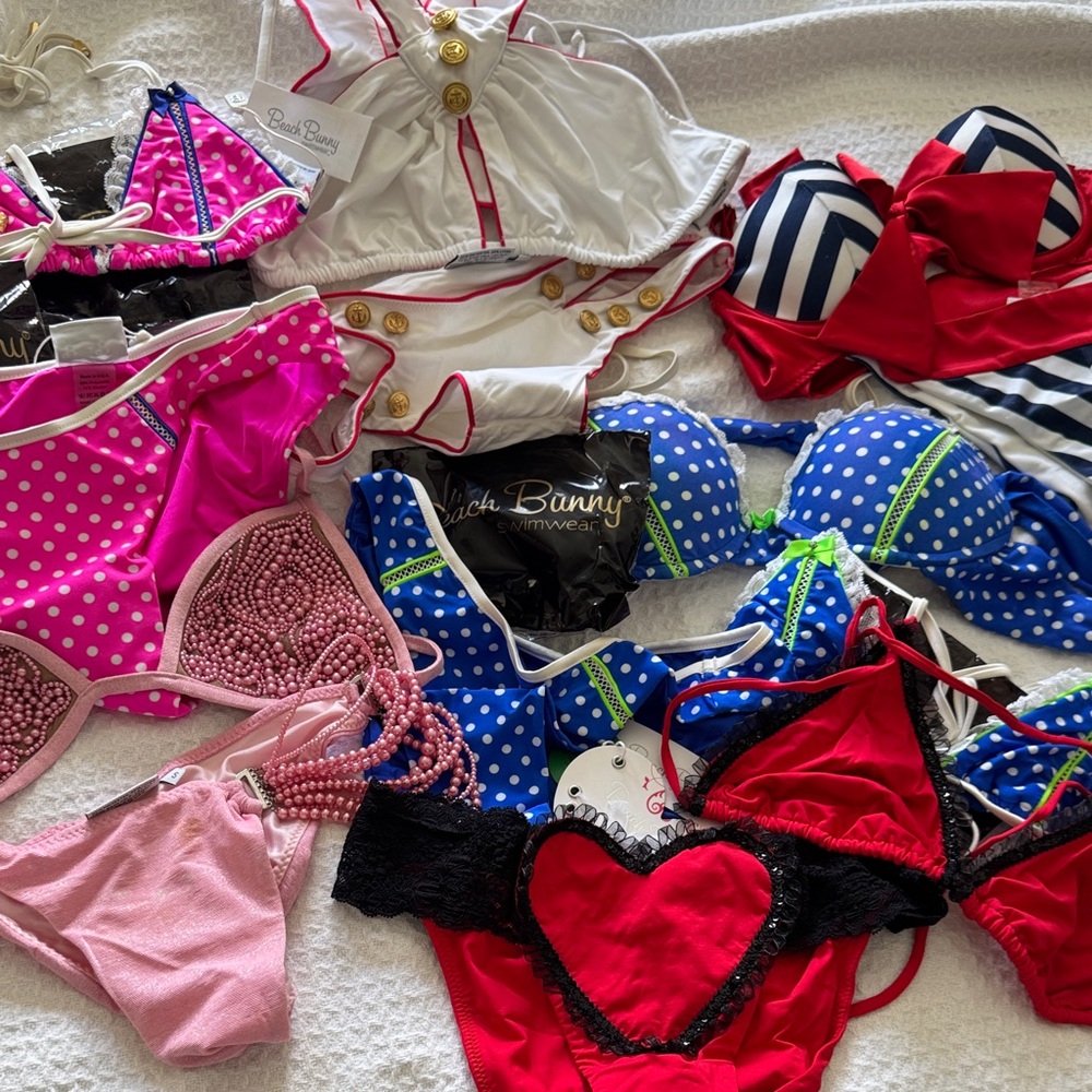 Fabric light, beach, bunny, bikinis, tops, and bottoms, older vintage